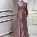 Beaded satin abaya evening dress featuring a stand collar and long sleeves, showcasing luxury craftsmanship.